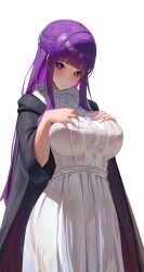 Rule 34 | 1girl, absurdres, alternate breast size, blush, bright pupils, covered erect nipples, dress, fern (sousou no frieren), highres, long hair, looking at viewer, purple eyes, purple hair, rasipan, simple background, solo, sousou no frieren, white background, white dress