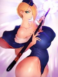 Rule 34 | bare shoulders, blonde hair, blue eyes, blue lips, breasts, collarbone, falke (street fighter), fumio (rsqkr), hair over one eye, highres, large breasts, lipstick, makeup, solo, street fighter, street fighter v, thick thighs, thighs