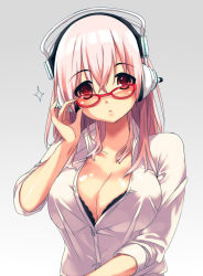 Rule 34 | 1girl, adjusting eyewear, bad id, bad pixiv id, bespectacled, body blush, bra, breasts, cleavage, dress shirt, fingernails, frown, glasses, headphones, highres, large breasts, long hair, nitroplus, pink hair, popped collar, red eyes, shiny skin, shirt, sleeves pushed up, solo, super sonico, tsuburaya 35, unbuttoned, underwear