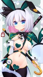 Rule 34 | 1girl, animal ears, aqua eyes, black bow, black bowtie, black hairband, black thighhighs, blush, bow, bowtie, breasts, cane, closed mouth, colored inner hair, cowboy shot, ghost, green background, green nails, grey hair, hairband, heart pasties, highres, konpaku youmu, konpaku youmu (ghost), large breasts, leotard, looking at viewer, meme attire, muchin jousha, multicolored hair, navel, pasties, playboy bunny, rabbit ears, reverse bunnysuit, reverse outfit, solo, thighhighs, touhou, v-shaped eyebrows, variant set