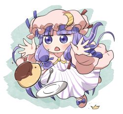 Rule 34 | 1girl, blush, crescent, crescent hat ornament, d:, dress, food, full body, hat, hat ornament, long hair, mob cap, open mouth, outstretched arms, patchouli knowledge, pudding, purple eyes, purple hair, rokugou daisuke, solo, striped, touhou, tripping