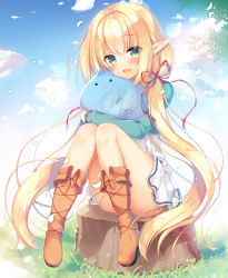Rule 34 | 1girl, :3, :d, blonde hair, blue sky, blush, boots, cloud, commentary request, convenient leg, day, elf, eyes visible through hair, grass, green eyes, hair ribbon, hug, long hair, long sleeves, looking at viewer, low twintails, open mouth, outdoors, pointy ears, red ribbon, ribbon, sazaki ichiri, sitting, skirt, sky, slime (creature), smile, solo, tree stump, twintails, very long hair, white skirt