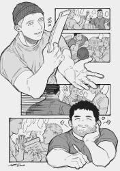 Rule 34 | 3boys, bara, chris redfield, closed eyes, closed mouth, greyscale, hat, highres, holding, holding pen, male focus, monochrome, moto23059, multiple boys, muscular, muscular male, pen, piers nivans, resident evil, resident evil 6, shirt, short hair, smile