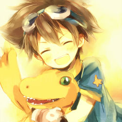 Rule 34 | 1boy, agumon, closed eyes, digimon, digimon (creature), digimon adventure, friends, goggles, gradient background, holding, holding digimon, hug, hug from behind, male focus, smile, solo, upper body, yagami taichi, yukino (pixiv)