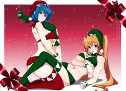Rule 34 | 2girls, ahoge, ass, bell, between legs, bikini, blue hair, boots, bow, breasts, candy, candy cane, christmas, cleavage, collar, female focus, food, gloves, gradient background, green bikini, green hair, green legwear, hand on another&#039;s thigh, hat, heels, high heel boots, high heels, high school dxd, jingle bell, large breasts, leg up, lindaroze, long hair, mouth hold, multicolored hair, multiple girls, navel, object in mouth, orange hair, patreon username, pom pom (clothes), purple eyes, red background, red bikini, red legwear, red ribbon, ribbon, santa bikini, santa costume, santa hat, shidou irina, short hair, shoulder blades, snowing, stomach, swimsuit, thigh boots, thighhighs, twintails, twitter username, underboob, watermark, web address, white gloves, xenovia quarta, yellow eyes