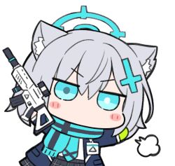 Rule 34 | 1girl, animal ear fluff, animal ears, assault rifle, black scarf, blue archive, blue eyes, blue halo, blue jacket, blue necktie, blue scarf, blush stickers, bright pupils, chibi, commentary request, cross hair ornament, gloves, green gloves, grey hair, grey pupils, grey skirt, gun, hair ornament, halo, highres, holding, holding gun, holding weapon, jacket, long sleeves, looking at viewer, medium hair, necktie, nejikirio, no mouth, no nose, open clothes, open jacket, outstretched arms, puff of air, rifle, scarf, school uniform, shiroko (blue archive), sig sauer, sig sauer 556, skirt, solo, two-tone scarf, v-shaped eyebrows, weapon, white pupils