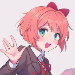 Rule 34 | 1girl, blue eyes, blush, bow, commentary, doki doki literature club, hair bow, hand up, long sleeves, looking at viewer, m1stm1, open mouth, orange hair, portrait, red bow, sayori (doki doki literature club), school uniform, short hair, simple background, smile, solo, teeth, upper body, upper teeth only, white background