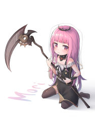 Rule 34 | 1girl, aged down, black dress, blunt bangs, bow, bracer, character name, commentary, detached collar, dress, english commentary, highres, holding, holding scythe, hololive, hololive english, looking to the side, mori calliope, pink eyes, pink hair, red eyes, scythe, sitting, solo, thighhighs, tiara, tofumang, v-shaped eyebrows, veil, virtual youtuber, wariza, white background, white bow