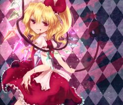 Rule 34 | 1girl, argyle, argyle background, argyle clothes, ascot, blonde hair, blood, blood from mouth, bow, closed mouth, cowboy shot, crystal, flandre scarlet, frilled skirt, frilled sleeves, frills, from side, glowing, glowing wings, grey background, hair bow, looking at viewer, looking to the side, medium hair, minnku, multicolored wings, no headwear, one side up, puffy short sleeves, puffy sleeves, red bow, red eyes, red ribbon, red skirt, red vest, ribbon, short sleeves, simple background, skirt, sleeve ribbon, solo, touhou, vest, wings, yellow ascot