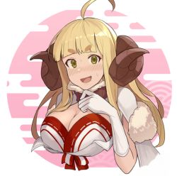 Rule 34 | 1girl, :d, ahoge, anila (granblue fantasy), blonde hair, blunt bangs, blush, breasts, cleavage, commentary request, draph, eyebrows, fur trim, gloves, granblue fantasy, green eyes, hinami (hinatamizu), horns, large breasts, long hair, looking at viewer, open mouth, sheep horns, short eyebrows, smile, solo, sweatdrop, thick eyebrows, upper body