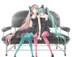 Rule 34 | 2girls, aqua hair, blue pantyhose, breasts, butterfly wings, cleavage, closed eyes, detached sleeves, dress, elbow gloves, fingerless gloves, frills, gloves, hat, hatsune miku, headphones, holding hands, insect wings, long hair, magnet (vocaloid), megurine luka, mini hat, mini top hat, multiple girls, pantyhose, pink hair, pink pantyhose, side ponytail, sitting, sleeping, sleeping upright, top hat, touya (artist), touya (roukaku), very long hair, vocaloid, wings, yuri