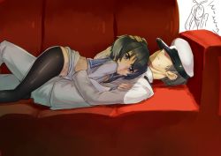 Rule 34 | 1boy, 2girls, absurdres, admiral (kancolle), bad id, bad pixiv id, black hair, black legwear, brown hair, couch, cuddling, dress, from side, gradient hair, hand on another&#039;s head, hat, hat over eyes, headpat, highres, kantai collection, lying, lying on person, military, military uniform, multicolored hair, multiple girls, panties, pantyhose, peaked cap, purple eyes, sailor dress, shimakaze (kancolle), sho bu 1116, short hair, short hair with long locks, side-tie panties, smile, tokitsukaze (kancolle), underwear, uniform