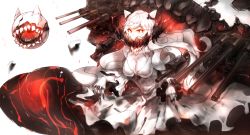 Rule 34 | 10s, 1girl, abyssal ship, black nails, breasts, cleavage, clothes lift, colored skin, covered mouth, dress, dress lift, fingernails, horns, kantai collection, large breasts, long hair, midway princess, nail polish, orange eyes, rwk (11737225), sharp fingernails, solo, spikes, turret, veins, very long hair, white dress, white hair, white skin
