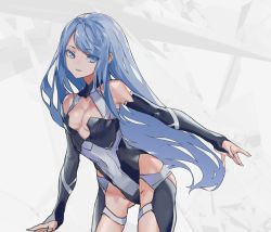 Rule 34 | 1girl, bad id, bad pixiv id, beatless, blue eyes, blue hair, bodysuit, breasts, bridal gauntlets, cancell, cleavage, cleavage cutout, clothing cutout, gluteal fold, highres, leicia, long hair, looking at viewer, medium breasts, science fiction, solo, standing, swept bangs, thighhighs, white background