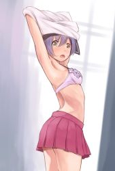 Rule 34 | 10s, 1girl, :o, armpits, arms up, bad id, bad twitter id, blush, bra, cowboy shot, image sample, kantai collection, lingerie, looking at viewer, looking back, md5 mismatch, open mouth, pink skirt, pleated skirt, purple bra, purple hair, resized, sakawa (kancolle), short hair, skirt, solo, standing, underwear, undressing, wa (genryusui)