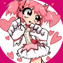 1girl :o blush bow bubble_skirt dress gloves hair_bow hair_ribbon heart highres kaname_madoka kaname_madoka_(magical_girl) looking_ahead magical_girl mahou_shoujo_madoka_magica mahou_shoujo_madoka_magica_(anime) okitya open_mouth panty_&amp;_stocking_with_garterbelt panty_&amp;_stocking_with_garterbelt_(style) pink_eyes pink_hair puffy_sleeves ribbon short_hair short_twintails skirt solo twintails white_gloves