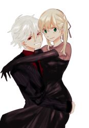 Rule 34 | 1boy, 1girl, arms around neck, black dress, black necktie, black suit, blonde hair, carrying, carrying person, collared shirt, dress, elbow gloves, formal, gloves, green eyes, hair ribbon, highres, maka albarn, necktie, nyomunyomu, red eyes, red shirt, ribbon, see-through, see-through sleeves, sharp teeth, shirt, short twintails, smug, soul eater, soul evans, striped suit, suit, teeth, twintails, white hair