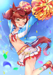 Rule 34 | 1girl, absurdres, animal ears, arms up, belt, blue jacket, blush, breasts, commentary request, confetti, cropped jacket, foot out of frame, high tops, highres, holding, holding pom poms, horse ears, horse girl, horse tail, jacket, layered skirt, looking at viewer, medium hair, midriff, miniskirt, multicolored hair, navel, nice nature (run&amp;win) (umamusume), nice nature (umamusume), one eye closed, open clothes, open jacket, open mouth, outstretched arms, peteron, pom pom (cheerleading), pom poms, ponytail, sailor collar, shirt, shoes, skirt, small breasts, sneakers, socks, solo, streaked hair, sweat, tail, umamusume, white shirt, white skirt, yellow eyes