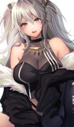 Rule 34 | 1girl, animal ears, bare shoulders, black jacket, black pantyhose, black shirt, breasts, cleavage, crop top, ear piercing, fur-trimmed jacket, fur trim, grey eyes, grey hair, grey skirt, hair between eyes, highres, hololive, jacket, jewelry, large breasts, licking lips, lion ears, lion girl, long hair, looking at viewer, messy hair, necklace, off shoulder, pantyhose, parted lips, piercing, see-through, see-through cleavage, shirt, shishiro botan, shishiro botan (1st costume), sidelocks, single leg pantyhose, skirt, sleeveless, sleeveless shirt, solo, tako 8 yaki, tongue, tongue out, torn clothes, torn pantyhose, two side up, virtual youtuber