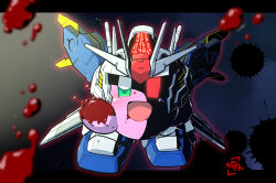 Rule 34 | alien, armor, blood, blood on face, blood on hands, blood splatter, commentary request, copy ability, cosplay, glowing, glowing eye, green eyes, gundam, gundam aerial rebuild, gundam aerial rebuild (cosplay), gundam aerial slap (meme), gundam suisei no majo, heterochromia, highres, kirby, kogane (tranzaku), looking at viewer, meme, no humans, red eyes, signature, smile, solo, thrusters, v-fin