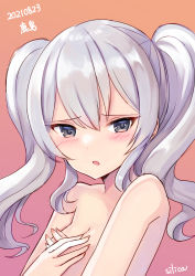 Rule 34 | 1girl, artist name, bare shoulders, blue eyes, character name, commentary, covering privates, covering breasts, dated, embarrassed, gradient background, kantai collection, kashima (kancolle), long hair, looking at viewer, one-hour drawing challenge, orange background, pink background, sidelocks, silica (silica silylate), silver hair, solo, twintails, upper body, wavy hair