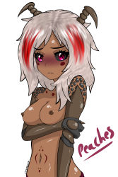 Rule 34 | absurdres, antennae, arthropod girl, belly, black sclera, blush, colored sclera, cpt.tester works, embarrassed, frown, grey sclera, highres, looking at viewer, midriff, nipples, peaches (cpt.tester), red eyes, shell, shy, tattoo, white hair