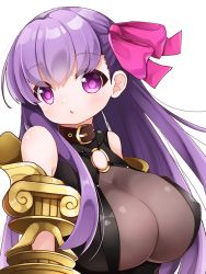 Rule 34 | 10s, 1girl, bare shoulders, breasts, cleavage, collar, fate/extra, fate/extra ccc, fate/grand order, fate (series), female focus, gauntlets, hair ornament, hair ribbon, hakuari (hina), huge breasts, long hair, looking at viewer, passionlip (fate), purple eyes, purple hair, ribbon, see-through, solo, upper body