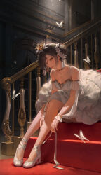 Rule 34 | 1girl, absurdres, ankle strap, ballerina, ballet slippers, bangsom, bare shoulders, black hair, brown eyes, bug, butterfly, closed mouth, collarbone, crown, dress, gold choker, gold trim, hair bun, hair ornament, hair scrunchie, handrail, highres, indoors, insect, mini crown, on stairs, original, red carpet, red lips, scrunchie, sitting, sitting on stairs, solo, stairs, strapless, strapless dress, tutu, white dress, white footwear, white scrunchie