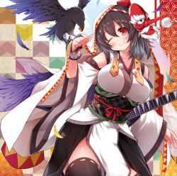 Rule 34 | 1girl, album cover, bare shoulders, bird, black hair, black thighhighs, cover, crow, detached sleeves, feathered wings, hat, mask, one eye closed, rondo umigame, shameimaru aya, solo, tengu mask, thighhighs, tokin hat, touhou, wings