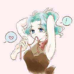 Rule 34 | !, 1girl, aqua hair, bishoujo senshi sailor moon, black dress, blue eyes, bow, breasts, cleavage, commentary request, dated, disembodied limb, dress, earrings, heart, heart earrings, hemuhemu moca, highres, jewelry, kaiou michiru, medium breasts, mouth hold, ponytail, red bow, ribbon, see-through, see-through cleavage, signature, solo, spoken exclamation mark, spoken heart, tying hair, upper body