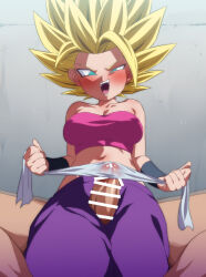 Rule 34 | 1boy, 1girl, bar censor, blonde hair, blue eyes, breasts, caulifla, censored, cloth glansjob, clothed female nude male, covered erect nipples, dragon ball, dragon ball super, femdom, glansjob, medium breasts, nude, open mouth, penis, rom (20), super saiyan, tagme, thigh sex