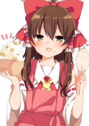 Rule 34 | 1girl, apron, ascot, bad id, bad twitter id, blush, bow, bowl, brown eyes, brown hair, chestnut, commentary request, detached sleeves, food, food on face, hair between eyes, hair bow, hair tubes, hakurei reimu, highres, holding, holding bowl, karasusou nano, looking at viewer, one-hour drawing challenge, open mouth, pink apron, red bow, ribbon-trimmed sleeves, ribbon trim, rice, rice on face, sidelocks, simple background, solo, touhou, upper body, white background, wide sleeves