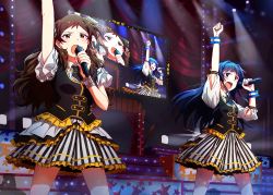 Rule 34 | 10s, 2girls, absurdres, ayano yuu (sonma 1426), black hair, black vest, blue eyes, brown eyes, brown hair, dress, frilled skirt, frills, highres, holding, holding microphone, idolmaster, idolmaster million live!, jumbotron, kitazawa shiho, long hair, microphone, mogami shizuka, multiple girls, open mouth, outstretched arms, parfait noir (idolmaster), puffy sleeves, skirt, stage, stage curtains, stage lights, stairs, striped clothes, striped skirt, vest, wrist cuffs