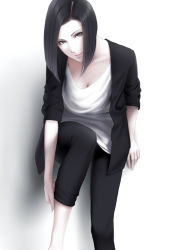 Rule 34 | 1girl, against wall, black eyes, black hair, black pants, bob cut, breasts, cardigan, cleavage, erise, leaning forward, looking at viewer, medium breasts, original, pants, shirt, short hair, simple background, sleeves pushed up, solo, white background, white shirt