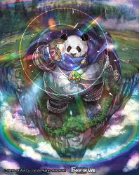 Rule 34 | 1boy, armor, boots, cape, cloud, company name, force of will, fur trim, furry, furry male, gem, gloves, grass, kusanagi chouen, male focus, official art, one eye closed, panda, rainbow, sky, solo, sword, taegrus pearlshine (force of will), tree, weapon