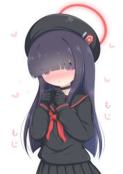 Rule 34 | 1girl, :o, black choker, black gloves, black hat, black sailor collar, black shirt, black skirt, blue archive, blush, choker, commentary request, flying sweatdrops, gloves, hair over eyes, halo, hands up, hat, heart, highres, hosizora mikoto, justice task force member (blue archive), long hair, long sleeves, looking at viewer, neckerchief, playing with own hair, pleated skirt, red eyes, red neckerchief, sailor collar, shirt, sidelocks, skirt, solo, white background