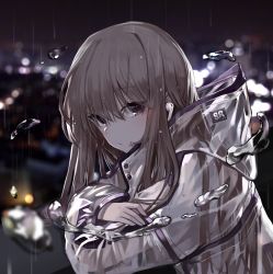 Rule 34 | 1girl, absurdres, airpods, blurry, blush, brown hair, closed mouth, depth of field, from side, highres, jacket, long hair, long sleeves, looking at viewer, looking to the side, original, outdoors, purple eyes, rain, see-through, seorang, solo, upper body, wireless earphones