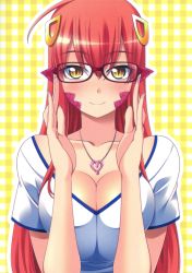 Rule 34 | 1girl, adjusting eyewear, alternate costume, bespectacled, black-framed eyewear, blush, breasts, cleavage, collarbone, commentary, english commentary, glasses, hair ornament, heart, heart necklace, highres, huge breasts, lamia, long hair, looking at viewer, miia (monster musume), monster girl, monster musume no iru nichijou, necklace, pointy ears, red hair, shirt, slit pupils, smile, solo, t-shirt, upper body, very long hair, white shirt, yellow eyes