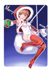 Rule 34 | 1girl, bell, box, breasts, brown eyes, brown hair, christmas, covered navel, elbow gloves, female focus, fur trim, gift, gift box, gloves, hood, large breasts, looking at viewer, one-piece swimsuit, original, outstretched arm, red gloves, red thighhighs, sack, smile, solo, swimsuit, thighhighs, white one-piece swimsuit, yukimura tsubame