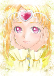 Rule 34 | 10s, 1girl, circlet, cure muse, cure muse (yellow), earrings, eunos, hands on own face, heart, jewelry, lips, long hair, magical girl, orange hair, pink eyes, portrait, precure, shirabe ako, smile, solo, suite precure