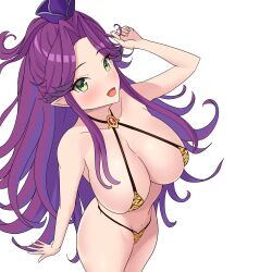 Rule 34 | 1girl, absurdres, angela (seiken densetsu 3), bare shoulders, bikini, breasts, cleavage, collarbone, crown, female focus, green eyes, hair intakes, highres, kogamon, large breasts, long hair, looking at viewer, micro bikini, navel, open mouth, pointy ears, purple hair, seiken densetsu, seiken densetsu 3, sidelocks, simple background, smile, solo, square enix, standing, swimsuit, thighs, tiger striped bikini, tiger stripes, tongue, very long hair, white background