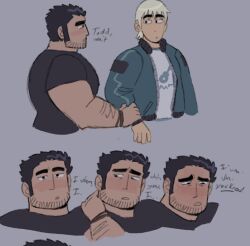 Rule 34 | 2boys, arapaiknow, averting eyes, bara, beard stubble, black hair, blush, confession, couple, cropped shoulders, expressions, facial hair, hand on own neck, highres, huge eyebrows, jacket, large pectorals, looking at another, looking to the side, lucas lee, male focus, multiple boys, multiple views, muscular, muscular male, pectorals, scott pilgrim (series), scott pilgrim takes off, shirt, short hair, short sleeves, shy, sideways mouth, stubble, t-shirt, todd ingram, yaoi