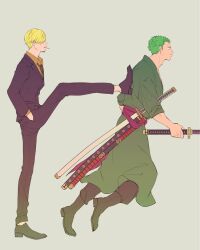 Rule 34 | 2boys, archived source, bad id, bad twitter id, black footwear, blonde hair, boots, cigarette, commentary, fish (m8snknk), foot on back, green hair, green kimono, grey background, hair over one eye, hands in pockets, highres, holding, holding sword, holding weapon, japanese clothes, katana, kicking, kimono, male focus, multiple boys, necktie, one piece, pants, profile, purple sash, roronoa zoro, sanji (one piece), sash, shirt, shoes, simple background, sword, weapon, yellow shirt