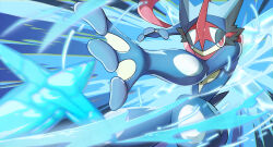 Rule 34 | 1boy, animal hands, arms up, ash-greninja, blue background, blue skin, blue theme, bright pupils, colored skin, creatures (company), fighting stance, fins, frog boy, furry, furry male, game freak, gen 6 pokemon, gqi (pixiv 11877511), greninja, half-closed eyes, head fins, highres, liquid weapon, male focus, multicolored skin, nintendo, outstretched arm, pokemon, pokemon (anime), pokemon (creature), pokemon xy (anime), red eyes, red skin, shuriken, solo, tail, water, weapon, webbed hands, white pupils, yellow skin