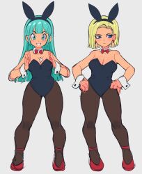 Rule 34 | 2girls, android 18, animal ears, aqua hair, bare shoulders, black leotard, blonde hair, blue eyes, bow, bowtie, breasts, breasts squeezed together, brown pantyhose, bulma, cleavage, closed mouth, detached collar, dragon ball, earrings, expressionless, fake animal ears, full body, grin, hands on own hips, jewelry, leotard, long hair, looking at viewer, looking to the side, medium breasts, multiple girls, pantyhose, playboy bunny, red footwear, short hair, slammo, smile, standing, strapless, strapless leotard, wrist cuffs