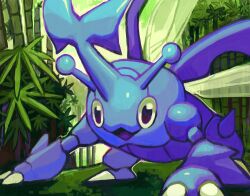 :3 all_fours antennae bamboo bamboo_forest bug claws creatures_(company) doubledunked forest full_body game_freak gen_2_pokemon heracross highres horns insect_wings looking_at_viewer nature nintendo open_mouth pokemon pokemon_(creature) pokemon_focus single_horn smile solo wings