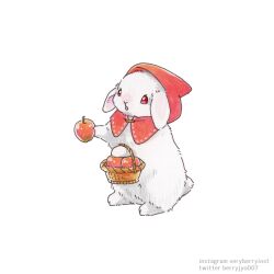 animal animal_ears animal_focus apple artist_name basket berry_jou capelet food fruit highres hood hood_up hooded_capelet no_humans original rabbit rabbit_ears rabbit_tail red_capelet simple_background tail traditional_media white_background