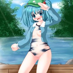 Rule 34 | 1girl, blue eyes, blue hair, blush, breasts, cleft of venus, embarrassed, female focus, hair bobbles, hair ornament, hat, kawashiro nitori, matching hair/eyes, navel, nipples, open mouth, pussy, riku (rikkuru), short hair, short twintails, small breasts, solo, surprised, swimsuit, touhou, twintails, uncensored, water