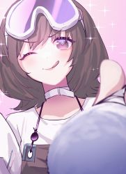 Rule 34 | 1girl, ;q, apron, arknights, brown apron, brown hair, choker, closed mouth, foreshortening, goggles, goggles on head, highres, holding, lipstick, looking at viewer, makeup, makeup brush, one eye closed, pink background, purple eyes, roberta (arknights), sher (imnotsher), shirt, short hair, simple background, smile, tongue, tongue out, upper body, v-shaped eyebrows, white choker, white shirt