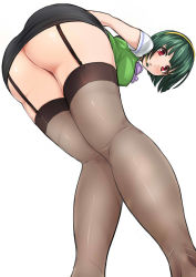Rule 34 | 1girl, ass, breasts, from below, garter straps, green hair, idolmaster, idolmaster (classic), large breasts, legs, legs together, looking at viewer, looking down, miyamoto issa, otonashi kotori, pencil skirt, red eyes, short hair, simple background, skirt, solo, thighhighs, white background